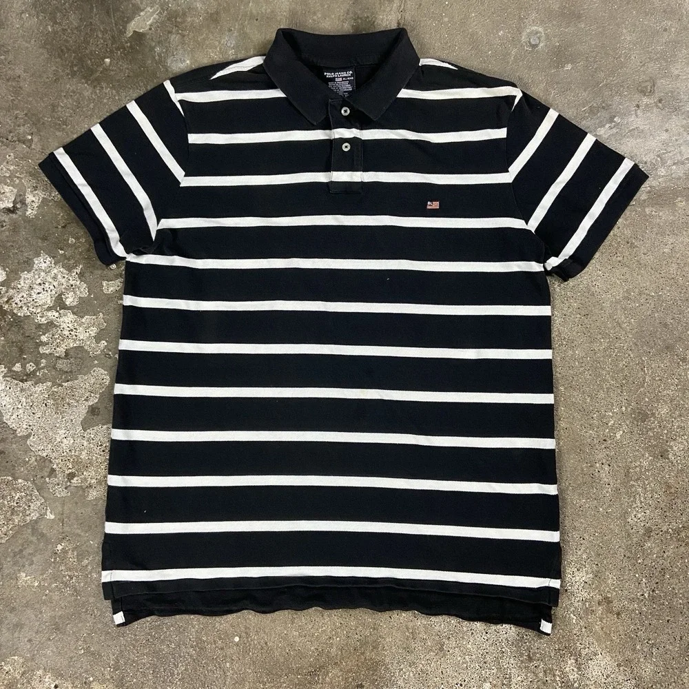 Vintage 90s Polo Jeans Co Ralph Lauren Polo Shirt Size XL Black Striped Flag